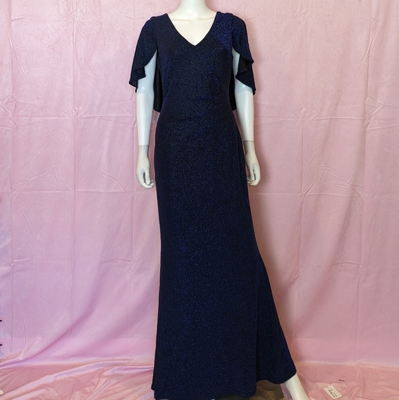 Jessica Howard Blue Cape Sleeve Glitter Long Evening Dress size 10 - Picture 1 of 9